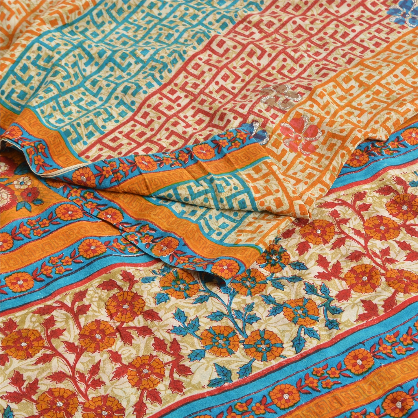 Sanskriti Vintage Sarees Multi Pure Crepe Silk Printed Sparkle Sari Craft Sustainable Fabric