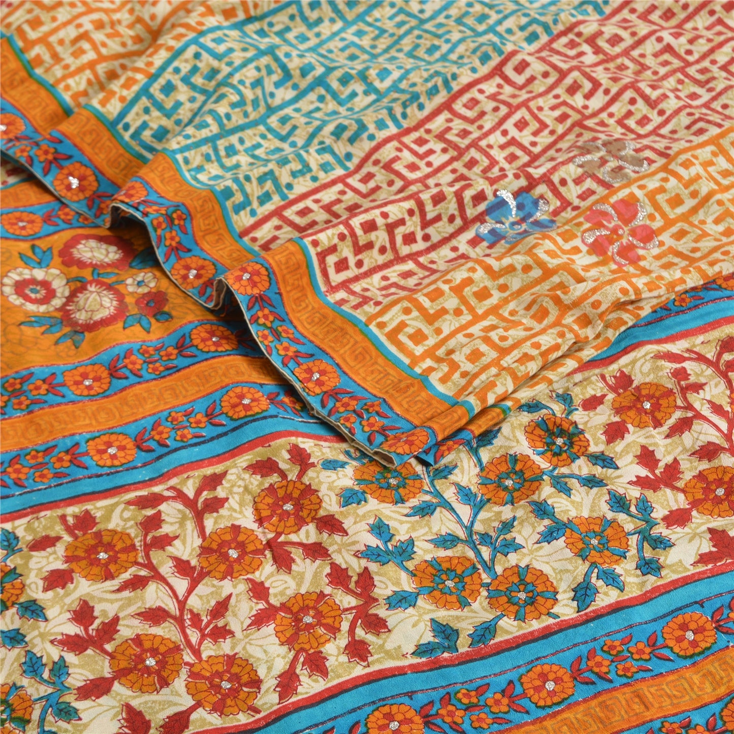 Sanskriti Vintage Sarees Multi Pure Crepe Silk Printed Sparkle Sari Craft Sustainable Fabric