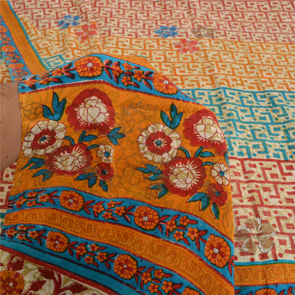 Sanskriti Vintage Sarees Multi Pure Crepe Silk Printed Sparkle Sari Craft Sustainable Fabric