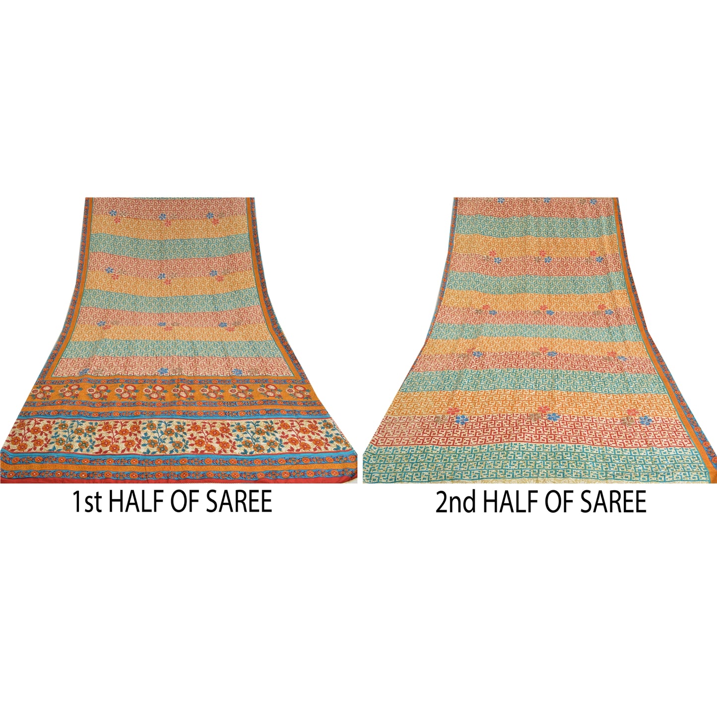 Sanskriti Vintage Sarees Multi Pure Crepe Silk Printed Sparkle Sari Craft Sustainable Fabric