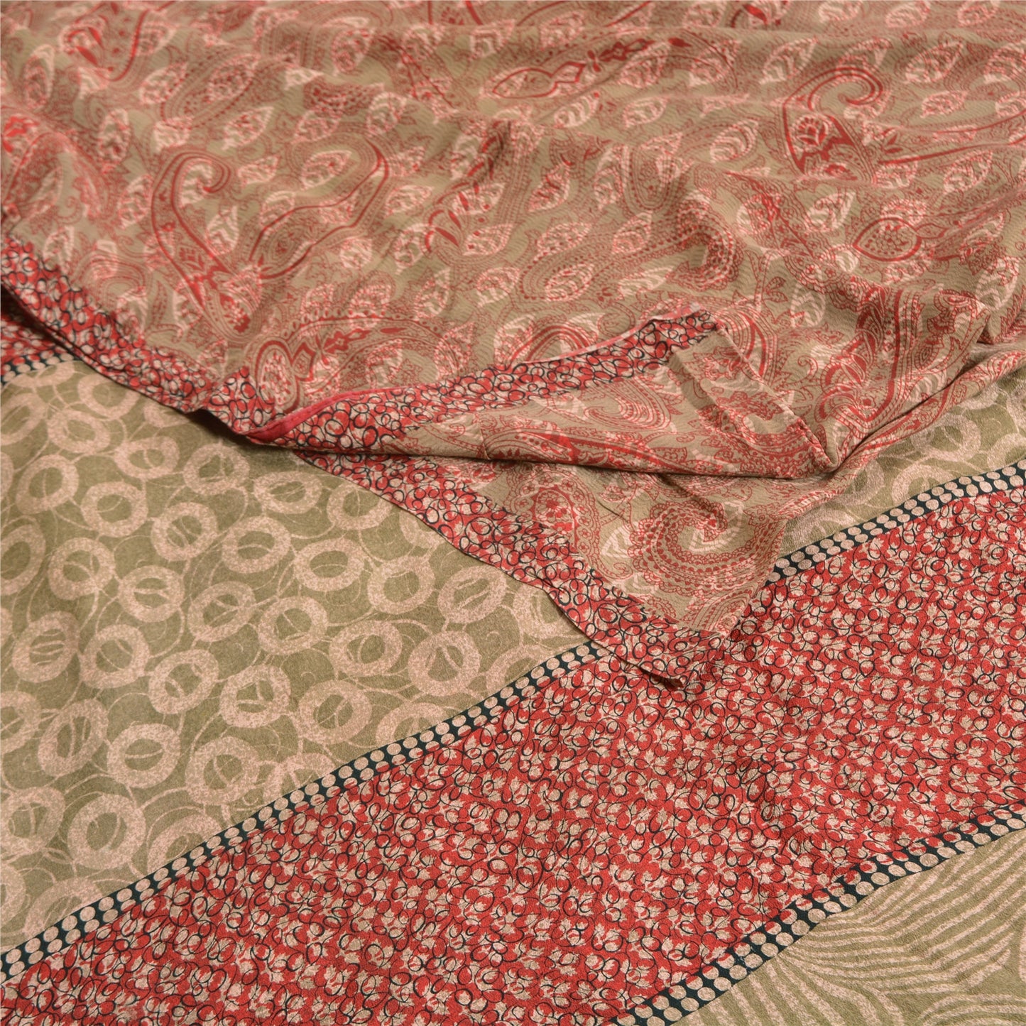 Sanskriti Vintage Sarees Red Indian Pure Crepe Silk Printed Sari Craft Sustainable Fabric