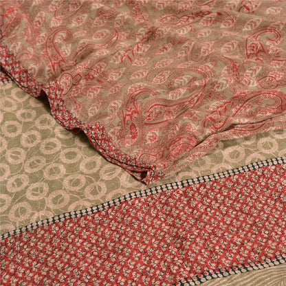 Sanskriti Vintage Sarees Red Indian Pure Crepe Silk Printed Sari Craft Sustainable Fabric