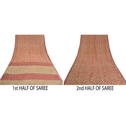 Sanskriti Vintage Sarees Red Indian Pure Crepe Silk Printed Sari Craft Sustainable Fabric