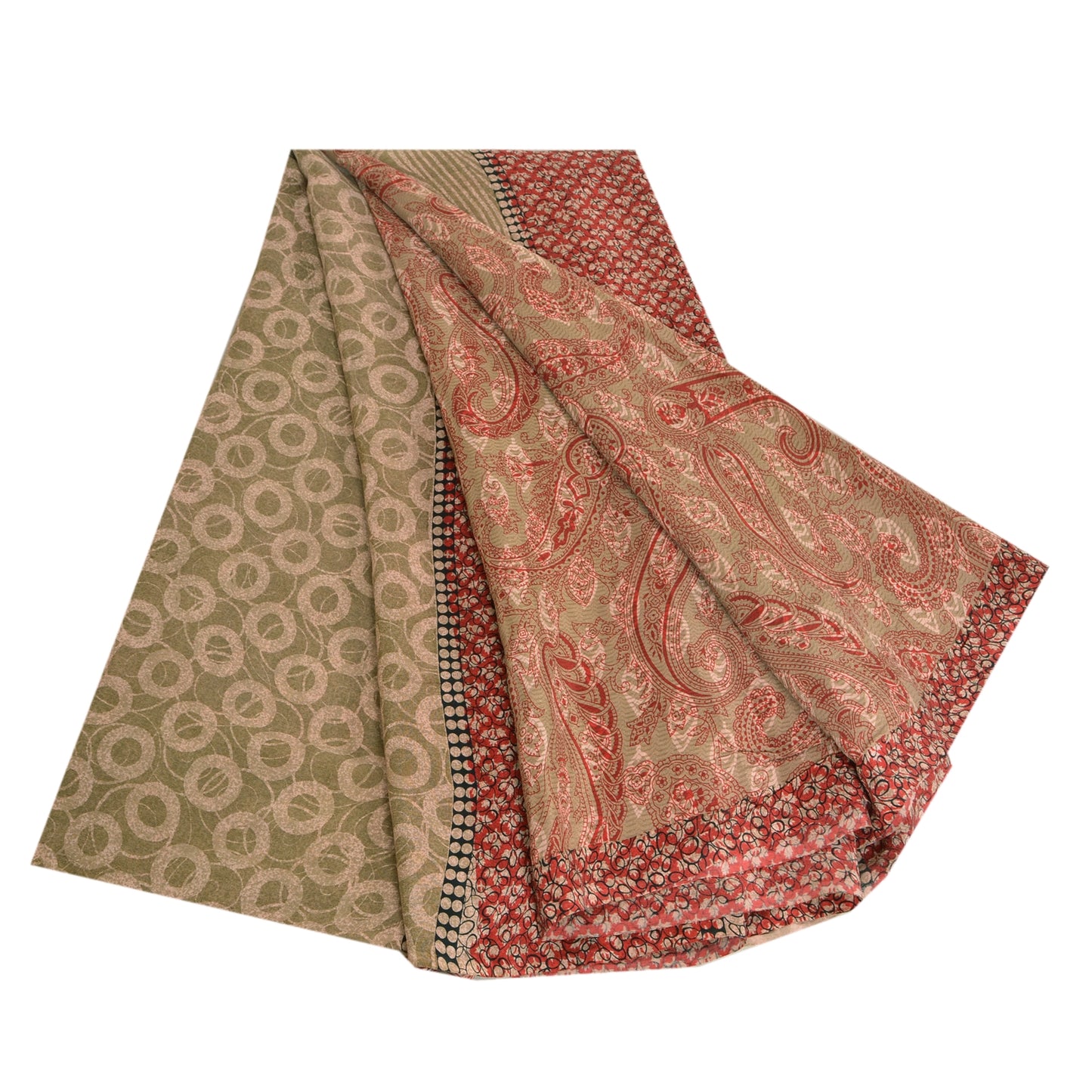 Sanskriti Vintage Sarees Red Indian Pure Crepe Silk Printed Sari Craft Sustainable Fabric