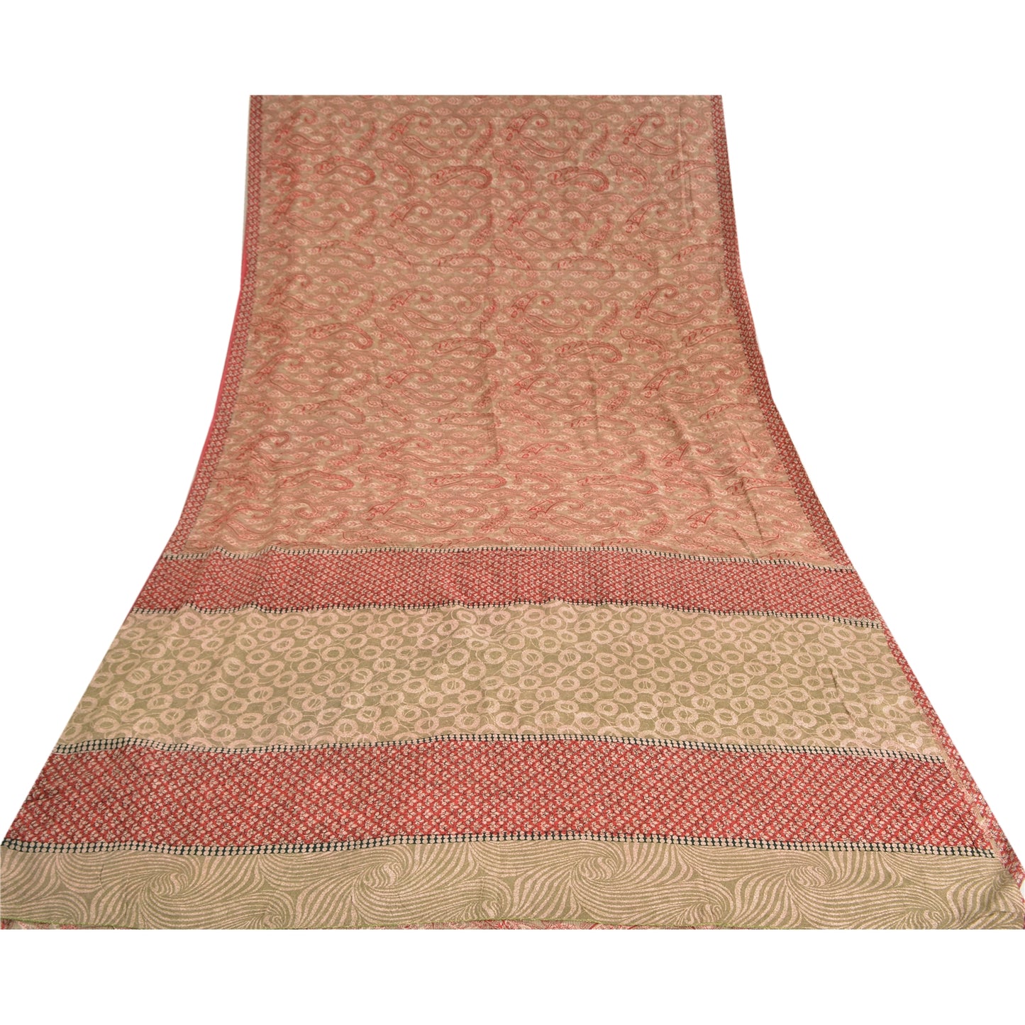Sanskriti Vintage Sarees Red Indian Pure Crepe Silk Printed Sari Craft Sustainable Fabric