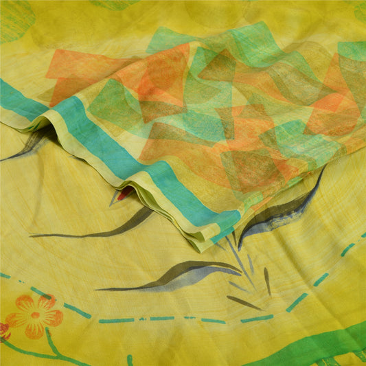 Sanskriti Vintage Sarees Green 100% Pure Crepe Silk Printed Sari Craft Sustainable Fabric