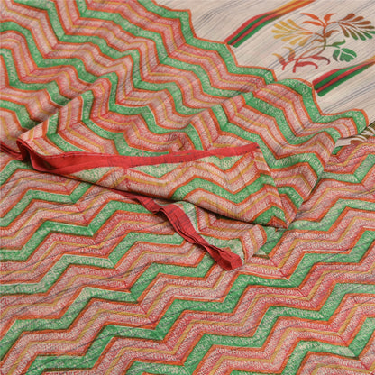 Sanskriti Vintage Sarees Ivory 100% Pure Crepe Silk Printed Sari Craft Sustainable Fabric