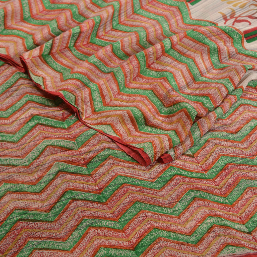 Sanskriti Vintage Sarees Ivory 100% Pure Crepe Silk Printed Sari Craft Sustainable Fabric