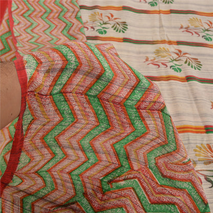 Sanskriti Vintage Sarees Ivory 100% Pure Crepe Silk Printed Sari Craft Sustainable Fabric