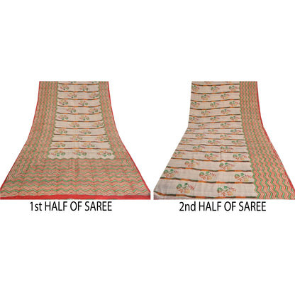 Sanskriti Vintage Sarees Ivory 100% Pure Crepe Silk Printed Sari Craft Sustainable Fabric