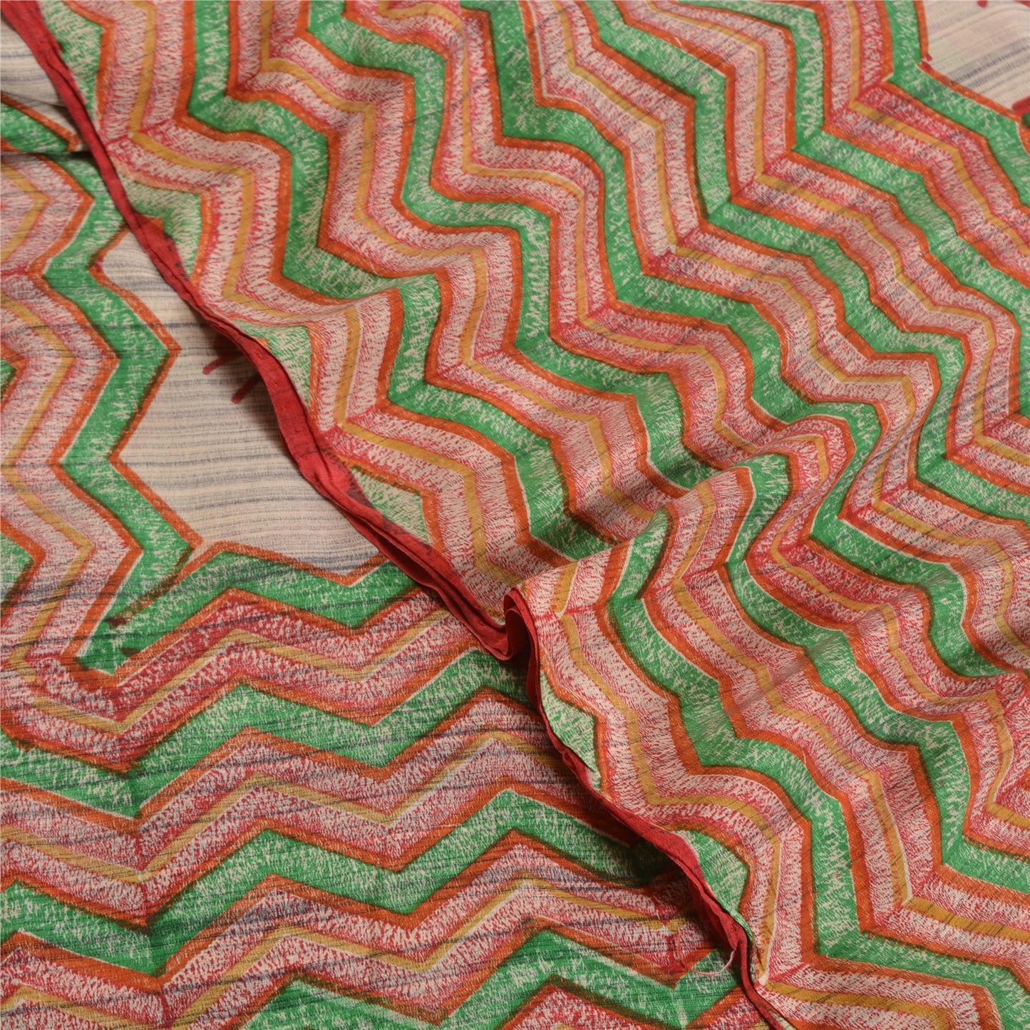 Sanskriti Vintage Sarees Ivory 100% Pure Crepe Silk Printed Sari Craft Sustainable Fabric