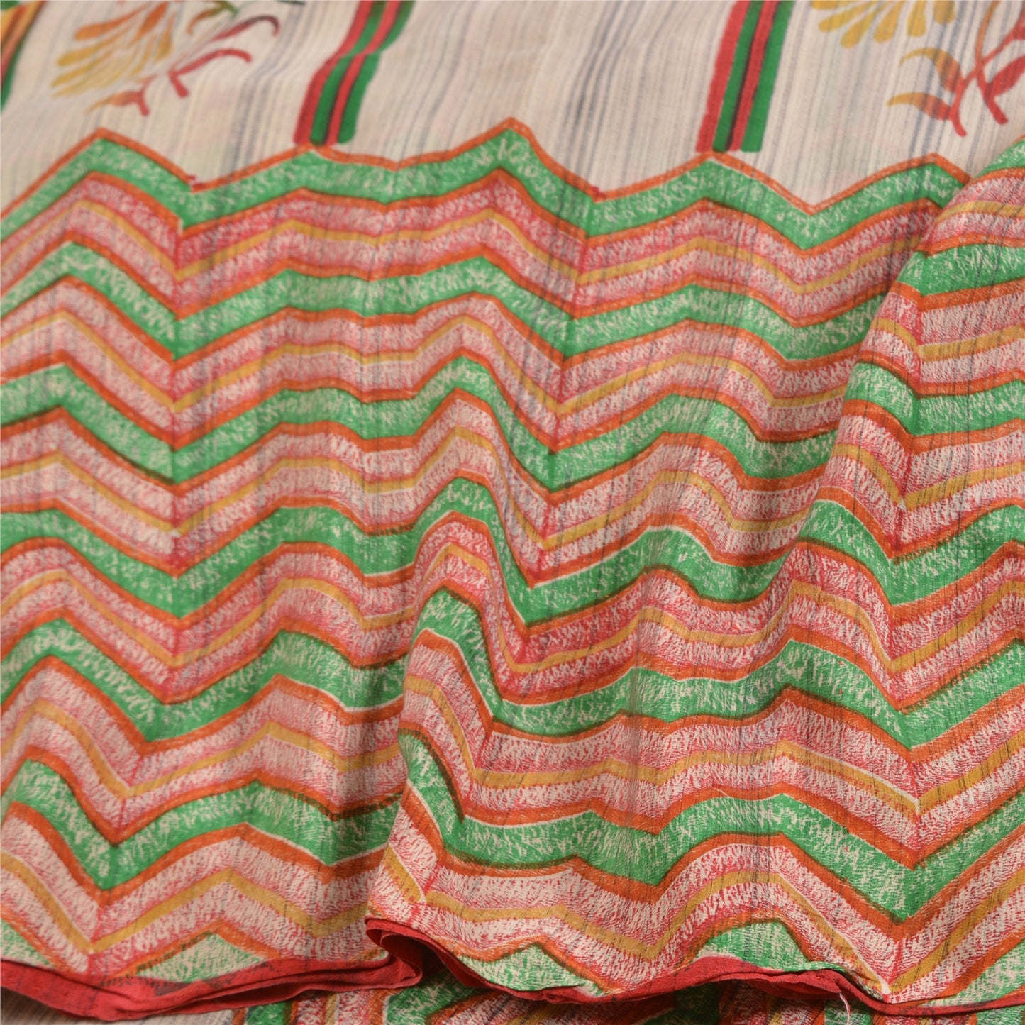 Sanskriti Vintage Sarees Ivory 100% Pure Crepe Silk Printed Sari Craft Sustainable Fabric