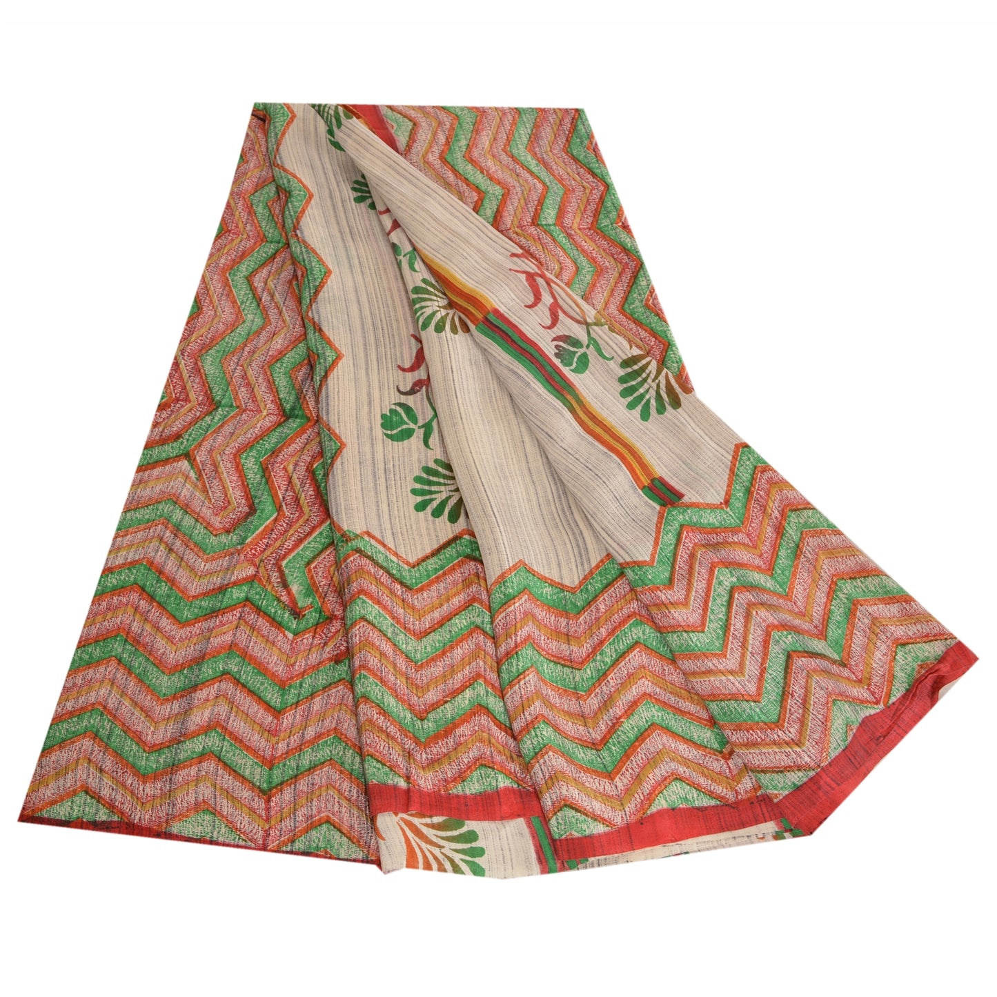 Sanskriti Vintage Sarees Ivory 100% Pure Crepe Silk Printed Sari Craft Sustainable Fabric