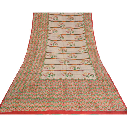 Sanskriti Vintage Sarees Ivory 100% Pure Crepe Silk Printed Sari Craft Sustainable Fabric