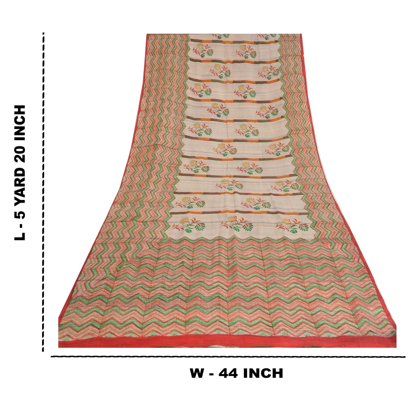 Sanskriti Vintage Sarees Ivory 100% Pure Crepe Silk Printed Sari Craft Sustainable Fabric