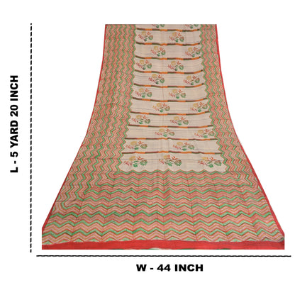 Sanskriti Vintage Sarees Ivory 100% Pure Crepe Silk Printed Sari Craft Sustainable Fabric