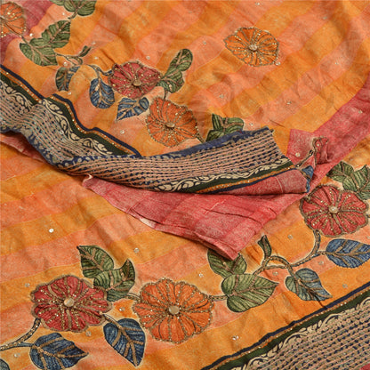 Sanskriti Vintage Sarees Orange Hand Beaded Pure Crepe Silk Print Sari Sustainable Fabric