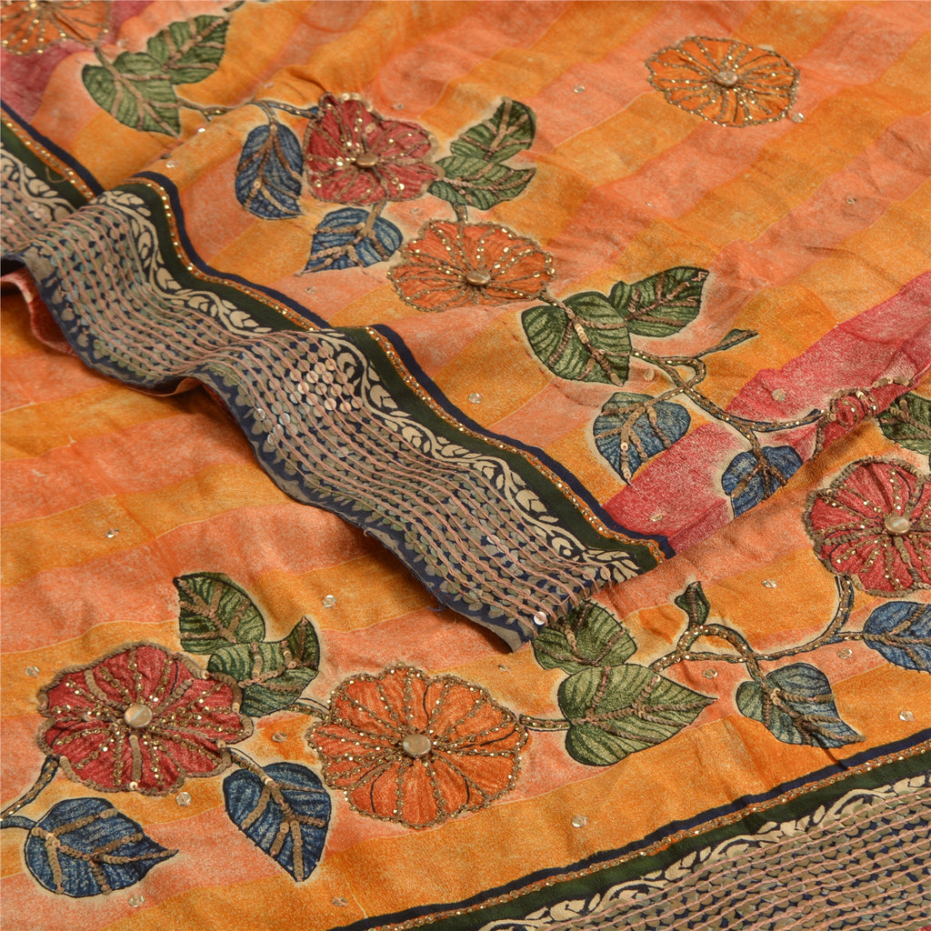 Sanskriti Vintage Sarees Orange Hand Beaded Pure Crepe Silk Print Sari Sustainable Fabric