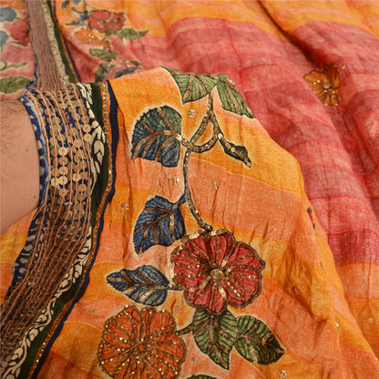 Sanskriti Vintage Sarees Orange Hand Beaded Pure Crepe Silk Print Sari Sustainable Fabric