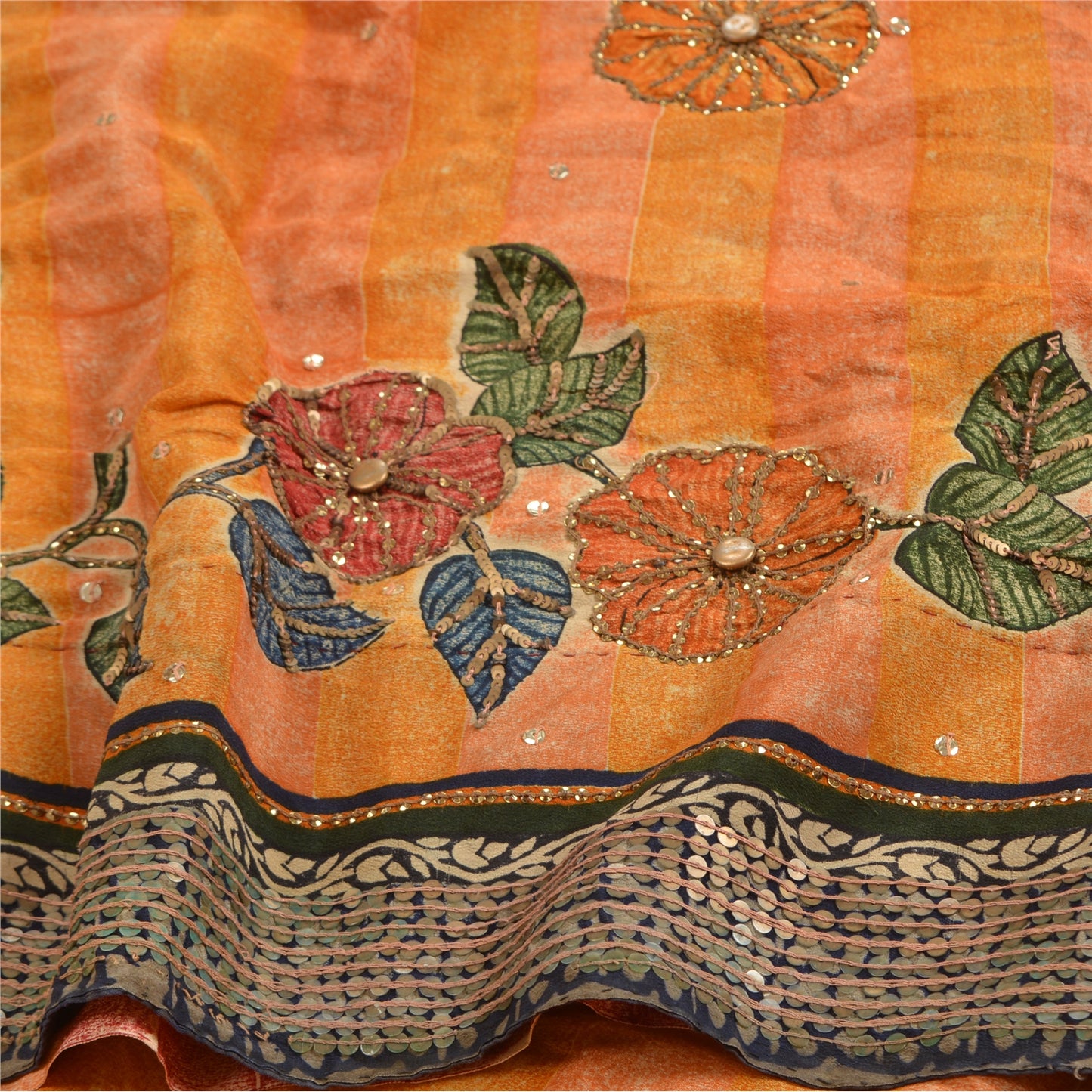 Sanskriti Vintage Sarees Orange Hand Beaded Pure Crepe Silk Print Sari Sustainable Fabric