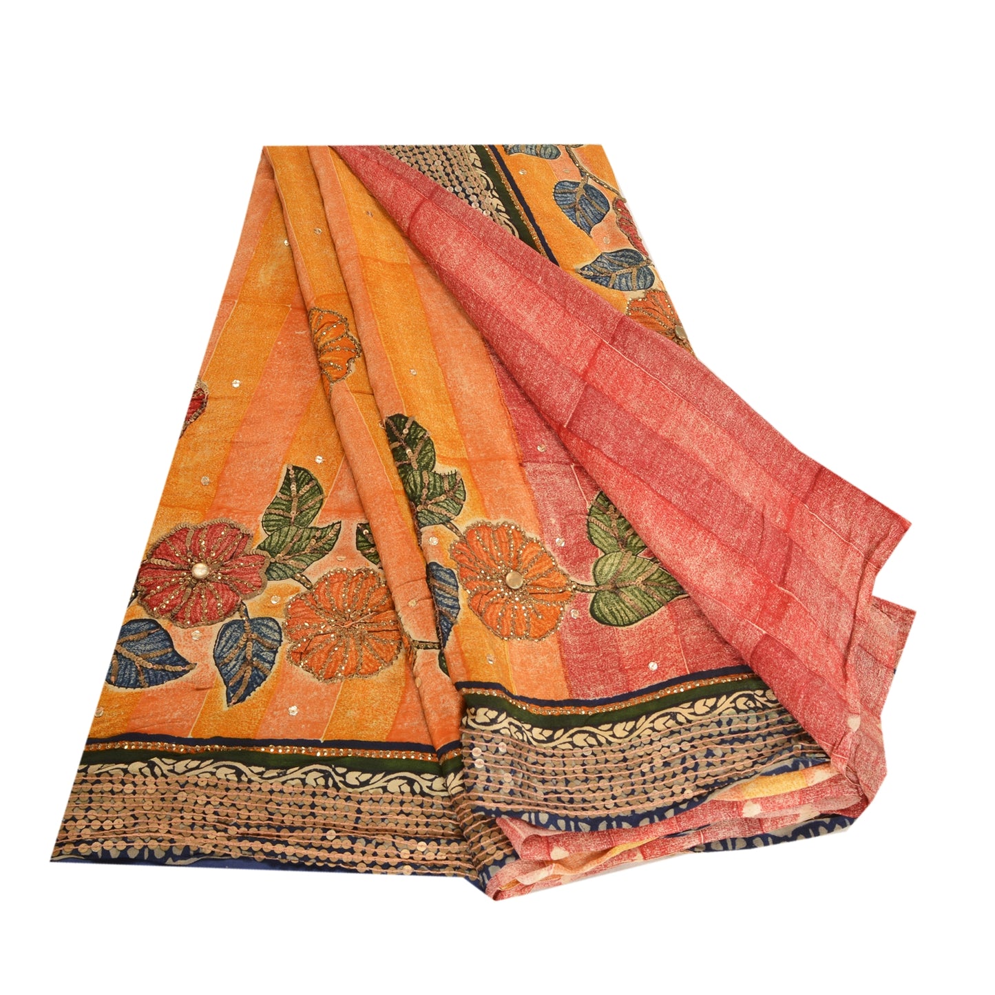 Sanskriti Vintage Sarees Orange Hand Beaded Pure Crepe Silk Print Sari Sustainable Fabric