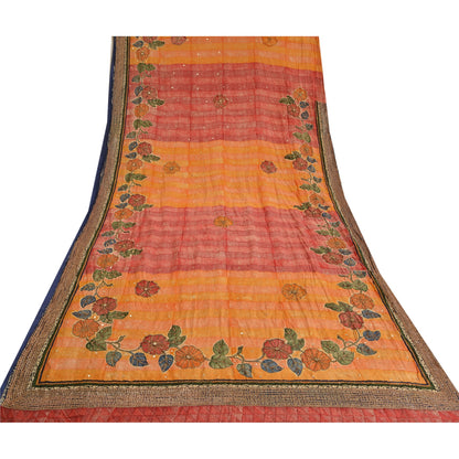 Sanskriti Vintage Sarees Orange Hand Beaded Pure Crepe Silk Print Sari Sustainable Fabric
