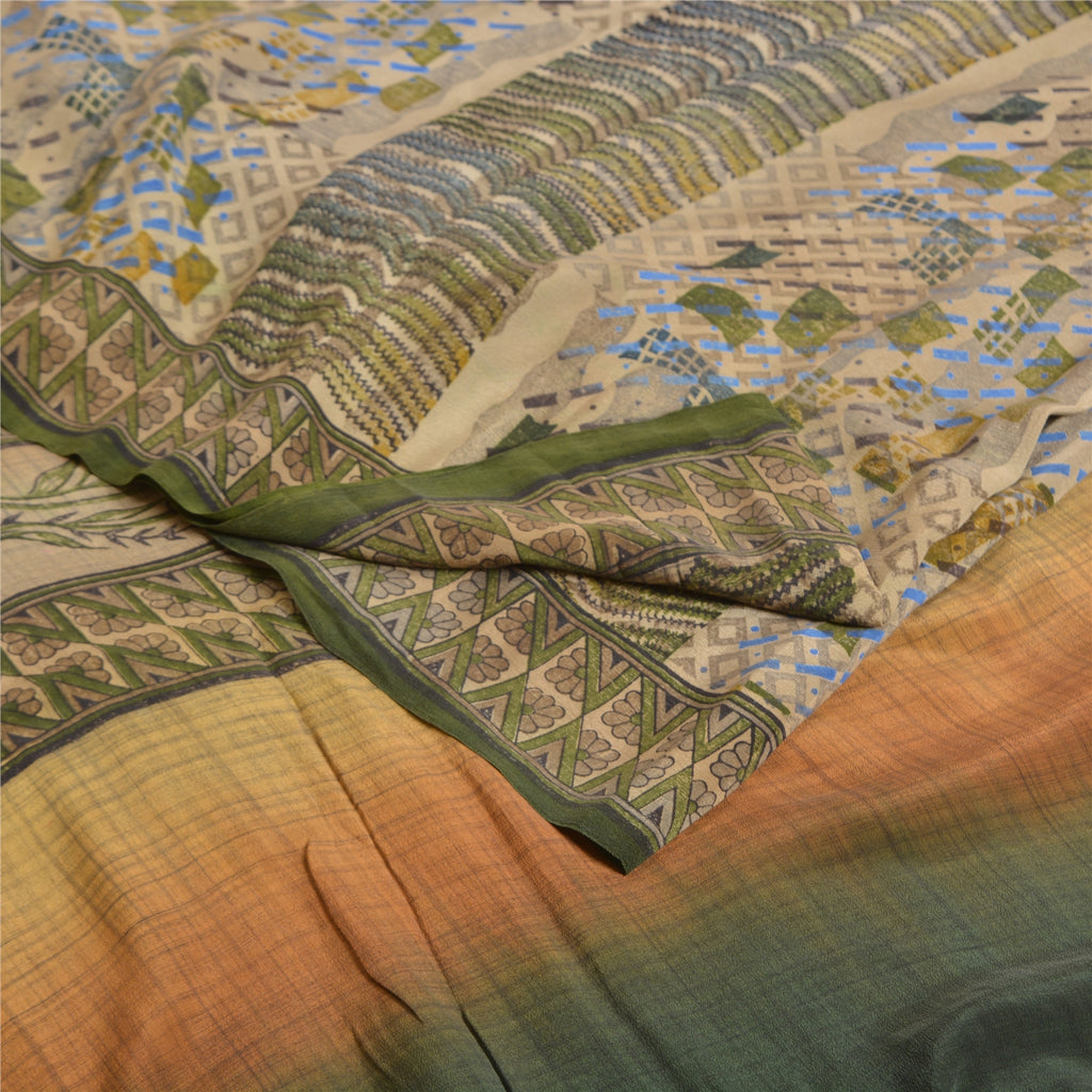 Sanskriti Vintage Sarees Green Indian Pure Crepe Silk Printed Sari Craft Sustainable Fabric