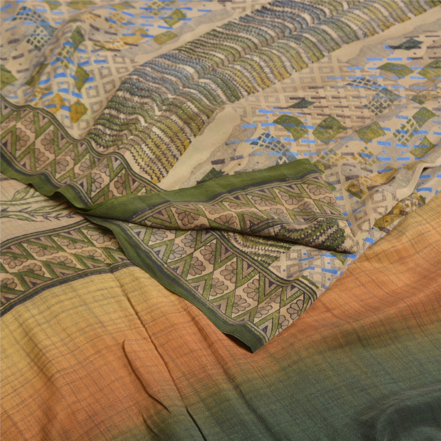Sanskriti Vintage Sarees Green Indian Pure Crepe Silk Printed Sari Craft Sustainable Fabric