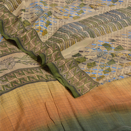 Sanskriti Vintage Sarees Green Indian Pure Crepe Silk Printed Sari Craft Sustainable Fabric