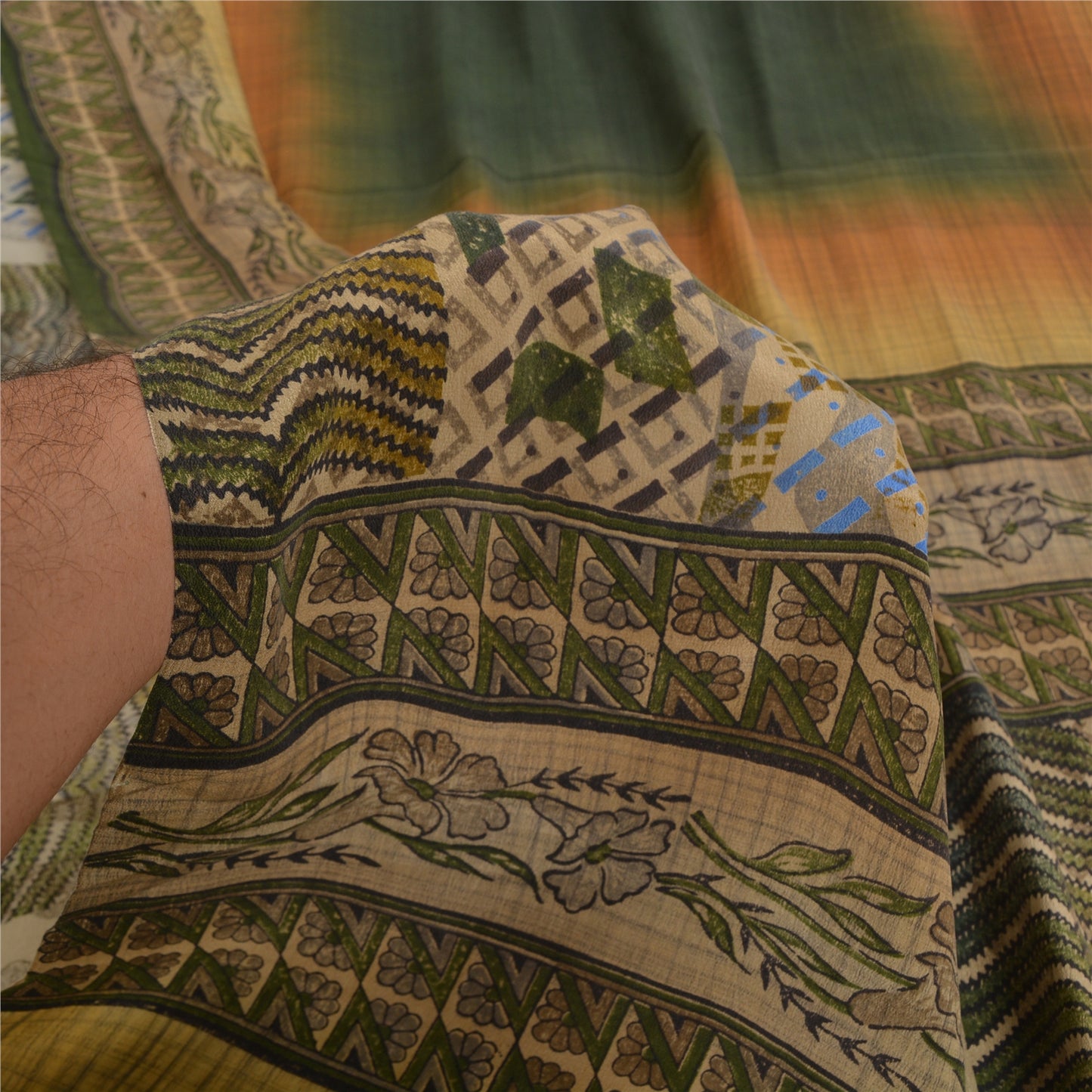 Sanskriti Vintage Sarees Green Indian Pure Crepe Silk Printed Sari Craft Sustainable Fabric