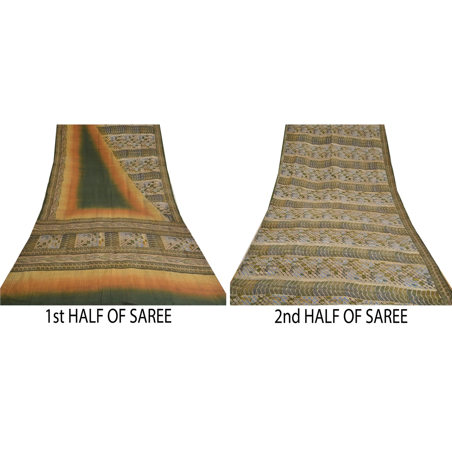 Sanskriti Vintage Sarees Green Indian Pure Crepe Silk Printed Sari Craft Sustainable Fabric