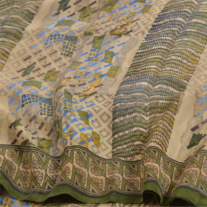 Sanskriti Vintage Sarees Green Indian Pure Crepe Silk Printed Sari Craft Sustainable Fabric