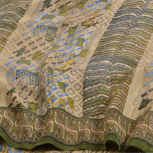 Sanskriti Vintage Sarees Green Indian Pure Crepe Silk Printed Sari Craft Sustainable Fabric