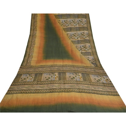 Sanskriti Vintage Sarees Green Indian Pure Crepe Silk Printed Sari Craft Sustainable Fabric