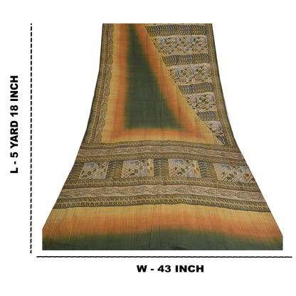 Sanskriti Vintage Sarees Green Indian Pure Crepe Silk Printed Sari Craft Sustainable Fabric