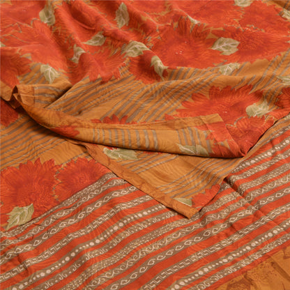 Sanskriti Vintage Sarees Indian Orange Pure Crepe Silk Printed Sari Craft Sustainable Fabric