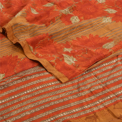 Sanskriti Vintage Sarees Indian Orange Pure Crepe Silk Printed Sari Craft Sustainable Fabric