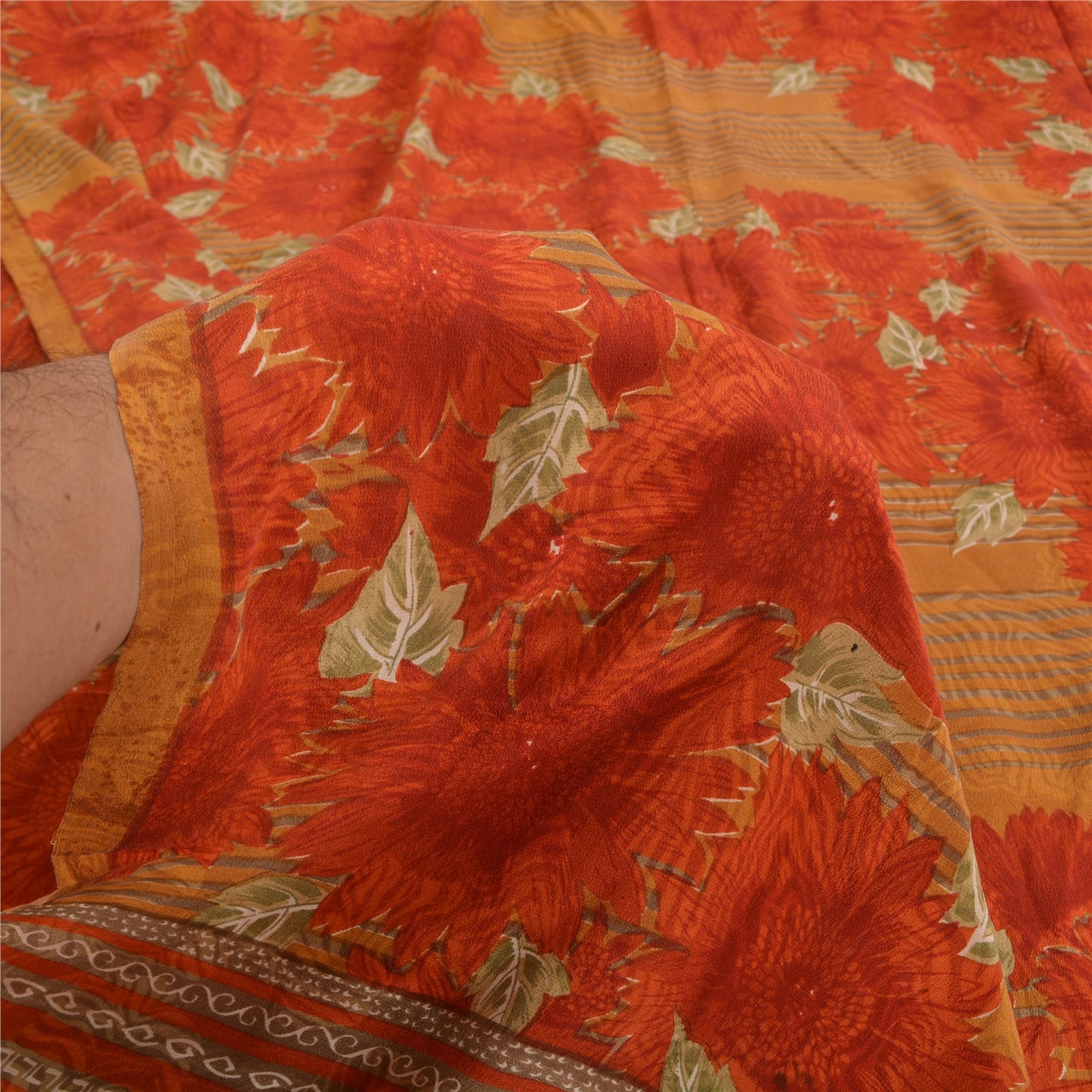 Sanskriti Vintage Sarees Indian Orange Pure Crepe Silk Printed Sari Craft Sustainable Fabric