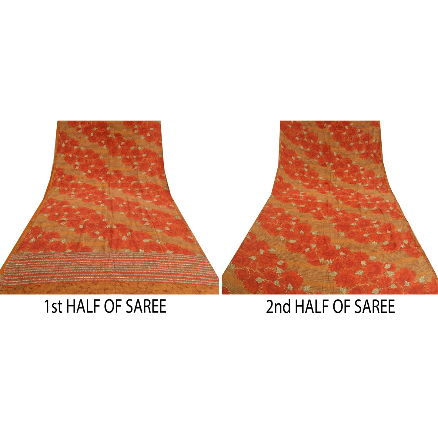 Sanskriti Vintage Sarees Indian Orange Pure Crepe Silk Printed Sari Craft Sustainable Fabric