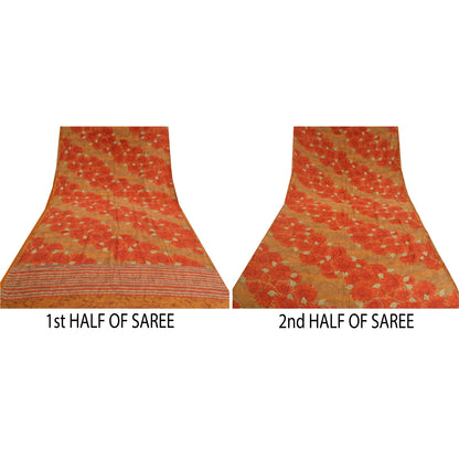 Sanskriti Vintage Sarees Indian Orange Pure Crepe Silk Printed Sari Craft Sustainable Fabric