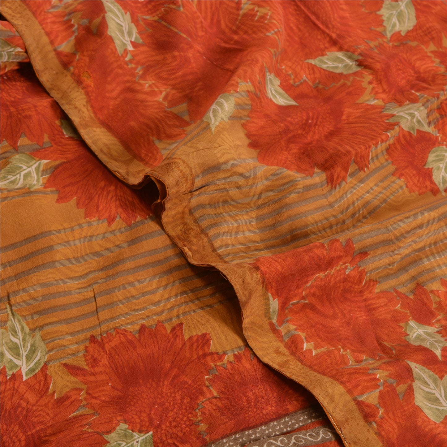 Sanskriti Vintage Sarees Indian Orange Pure Crepe Silk Printed Sari Craft Sustainable Fabric