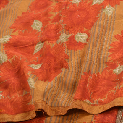 Sanskriti Vintage Sarees Indian Orange Pure Crepe Silk Printed Sari Craft Sustainable Fabric