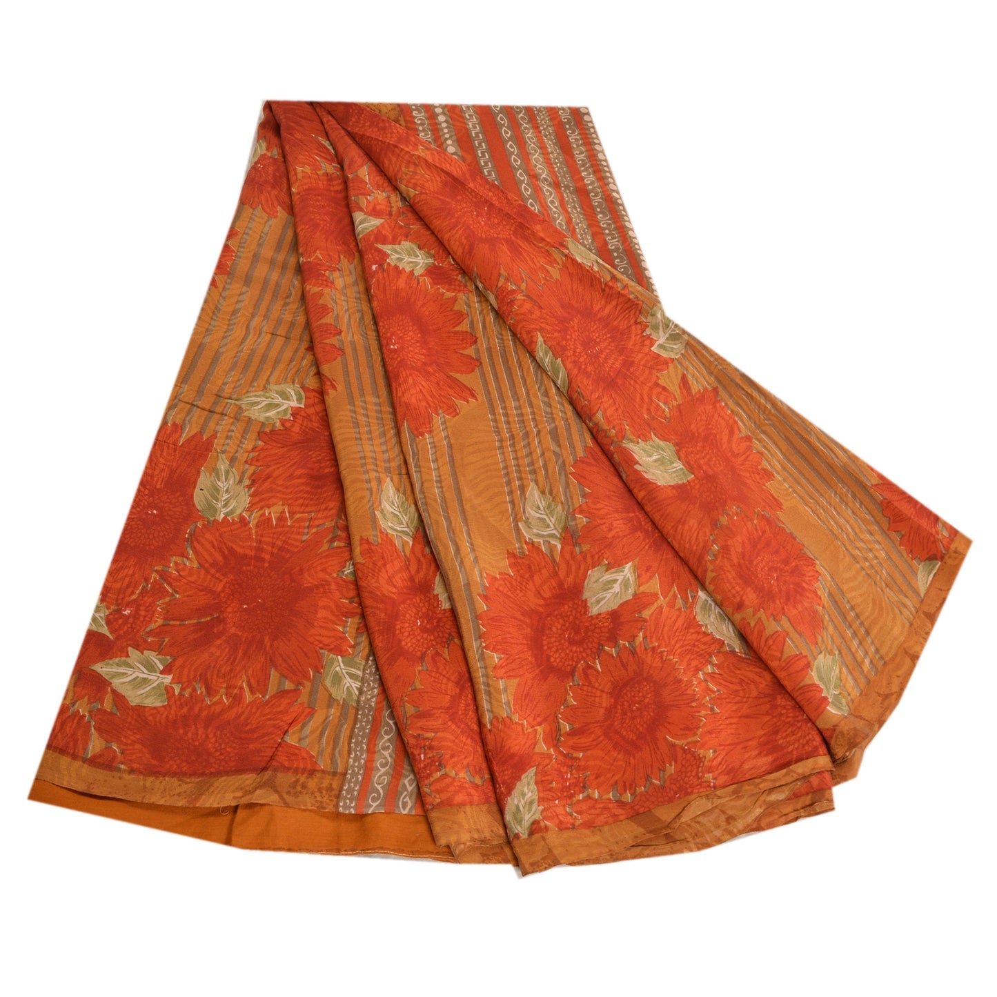 Sanskriti Vintage Sarees Indian Orange Pure Crepe Silk Printed Sari Craft Sustainable Fabric