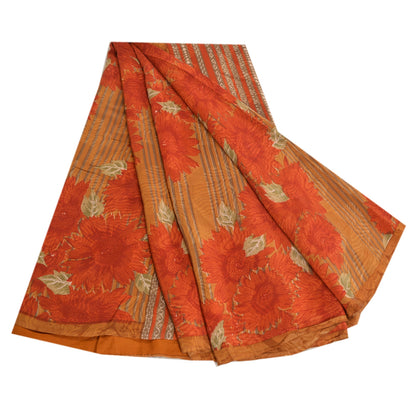 Sanskriti Vintage Sarees Indian Orange Pure Crepe Silk Printed Sari Craft Sustainable Fabric