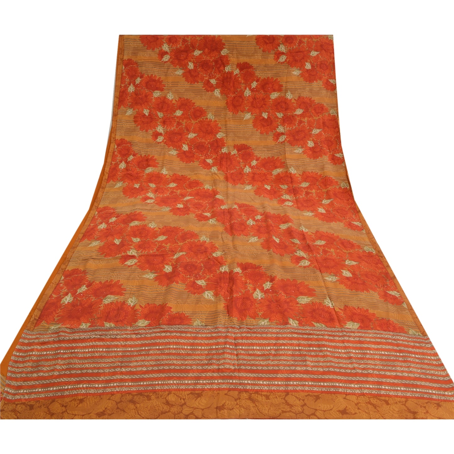 Sanskriti Vintage Sarees Indian Orange Pure Crepe Silk Printed Sari Craft Sustainable Fabric
