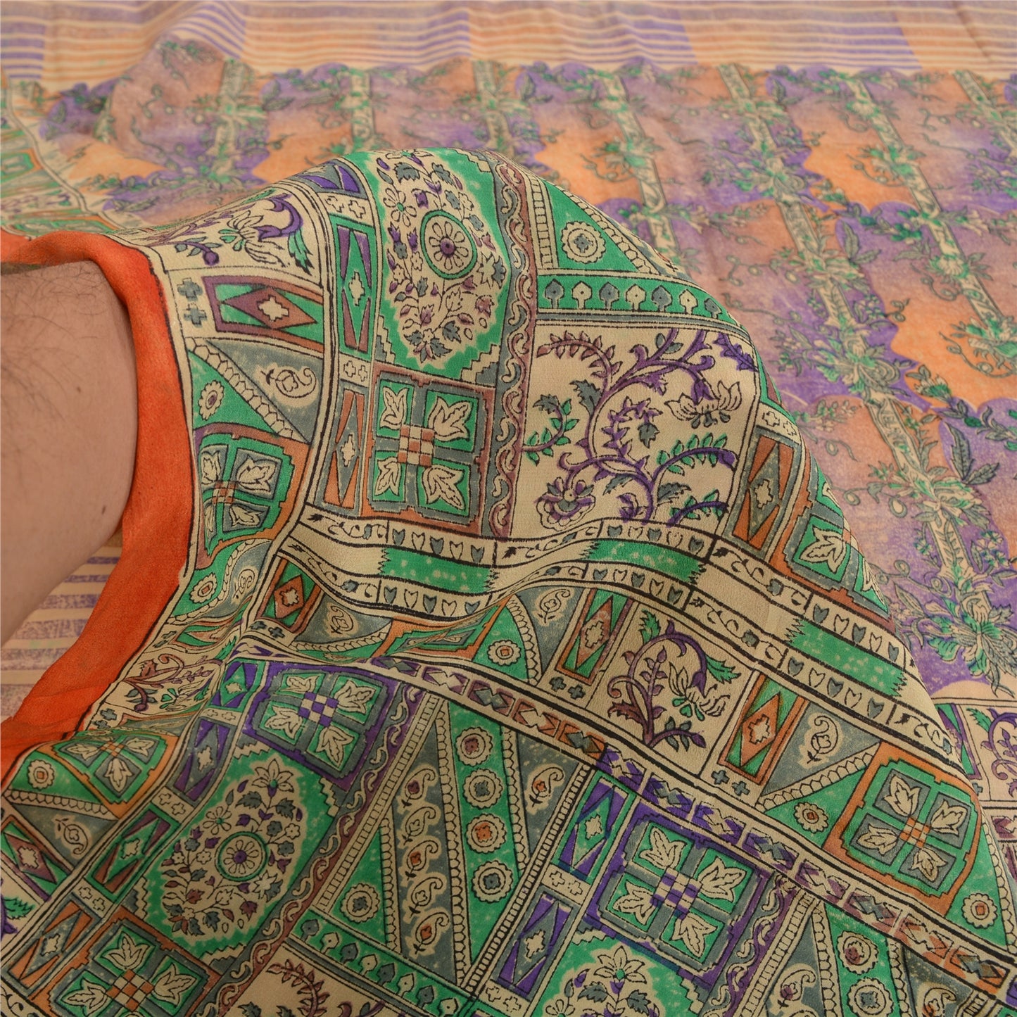 Санскритские винтажные сари из индийского чистого крепированного шелка с принтом, сари для рукоделия, устойчивая ткань