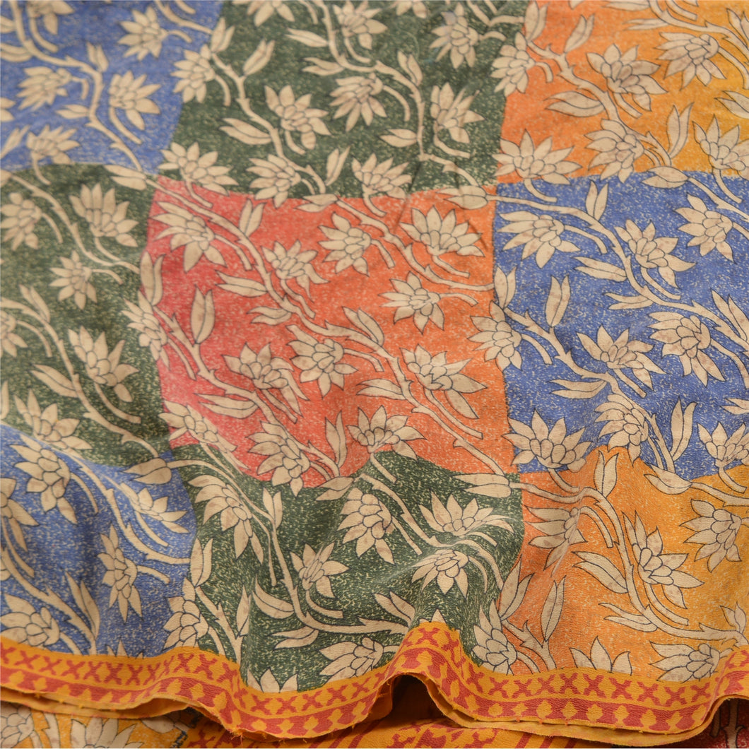 Sanskriti Vintage Sarees Multi Pure Crepe Silk Printed Sari Floral Craft Fabric