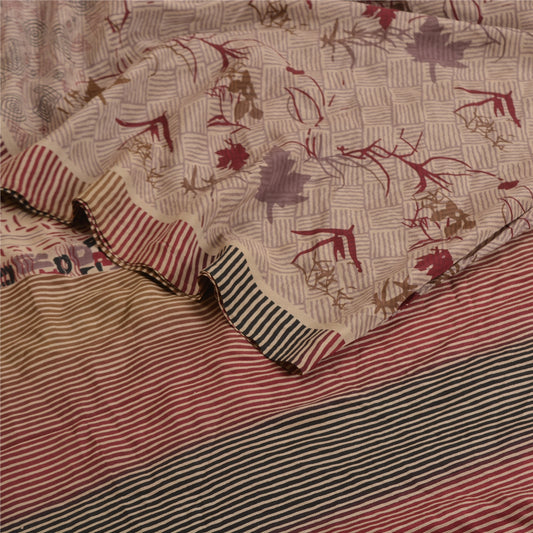 Sanskriti Vintage Sarees Cream Pure Crepe Silk Printed Sari Floral Craft Sustainable Fabric