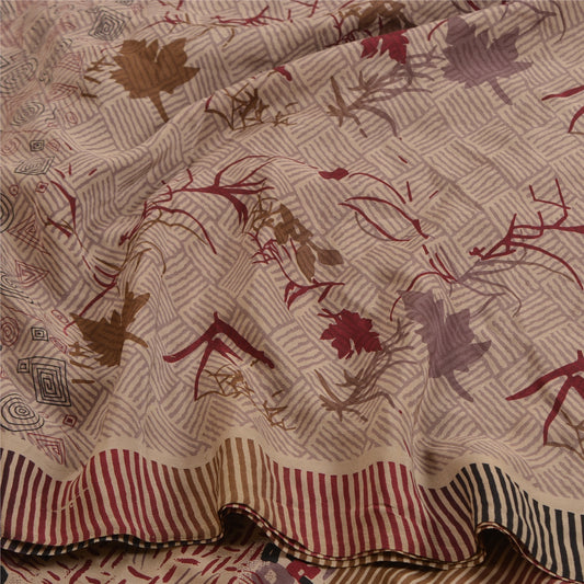 Sanskriti Vintage Sarees Cream Pure Crepe Silk Printed Sari Floral Craft Sustainable Fabric