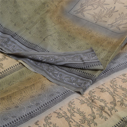 Sanskriti Vintage Sarees Green Pure Crepe Silk Block Printed Sari Craft Sustainable Fabric